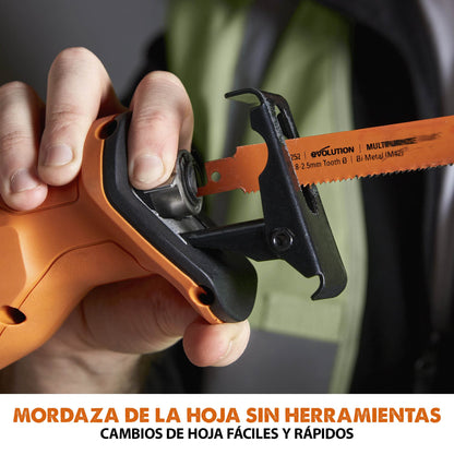 Evolution R150RCP-Li Sierra de sable de Evolution Power Tools, corte multimaterial - Incluye 2 hojas de sierra de sable